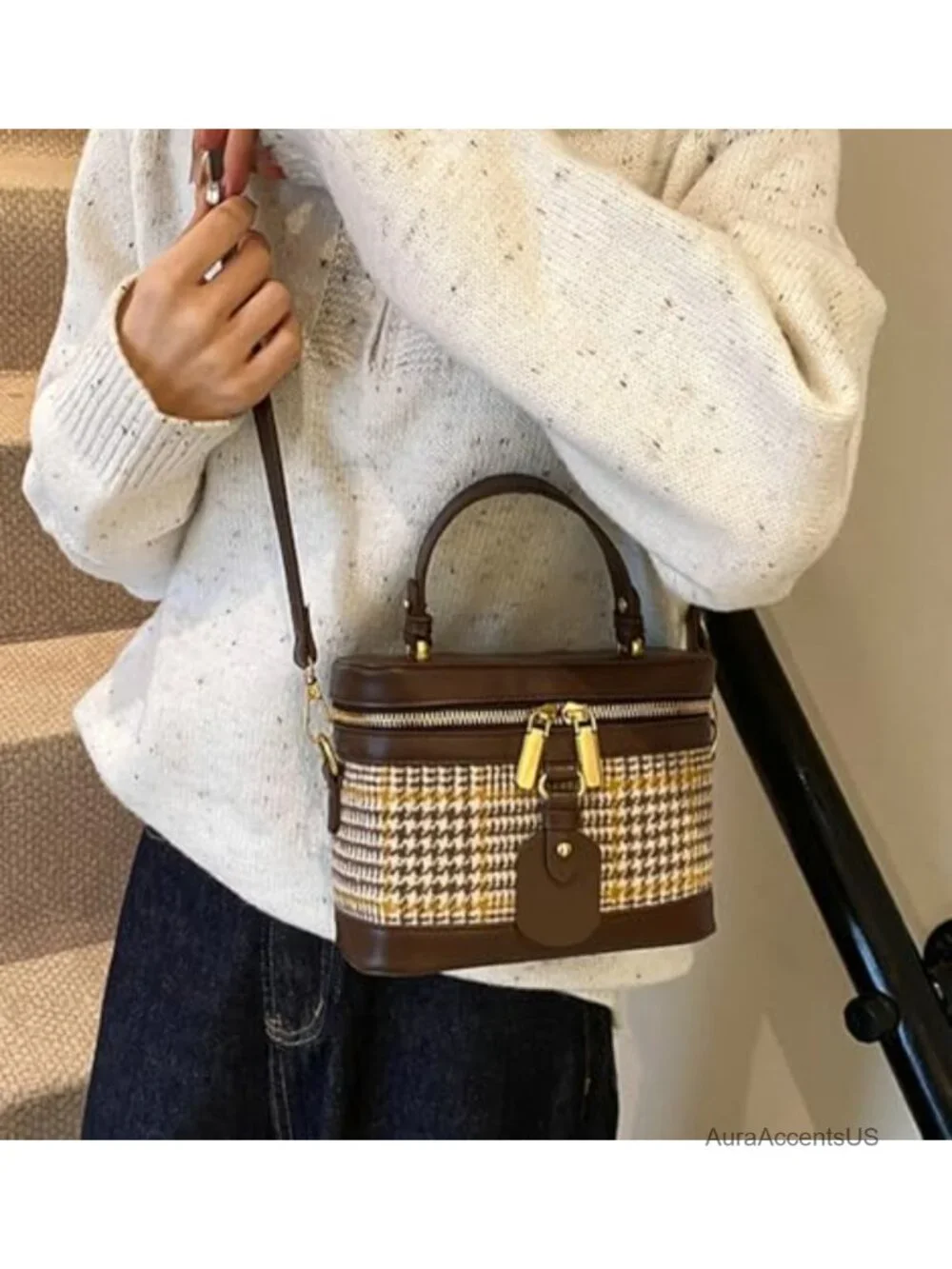 Vintage Plaid Suede Crossbody Bag Small Retro Checkered Shoulder Tote with Top